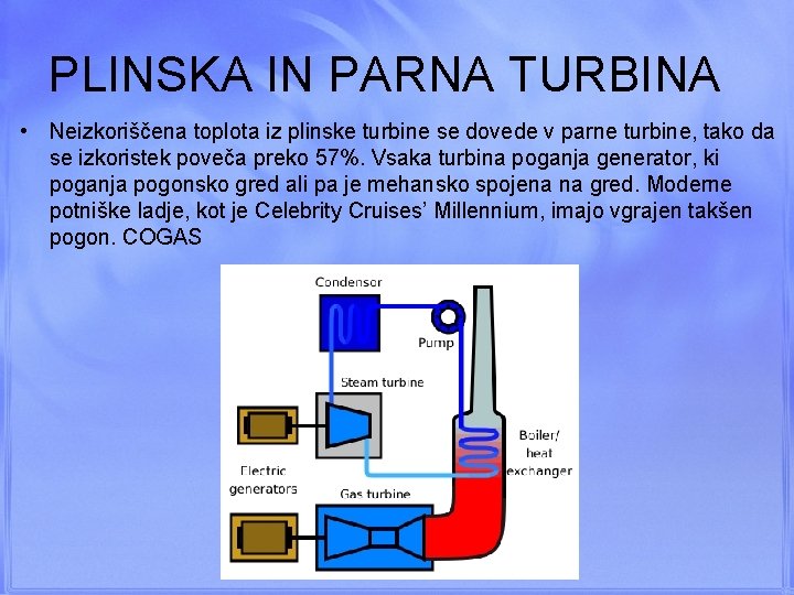 PLINSKA IN PARNA TURBINA • Neizkoriščena toplota iz plinske turbine se dovede v parne