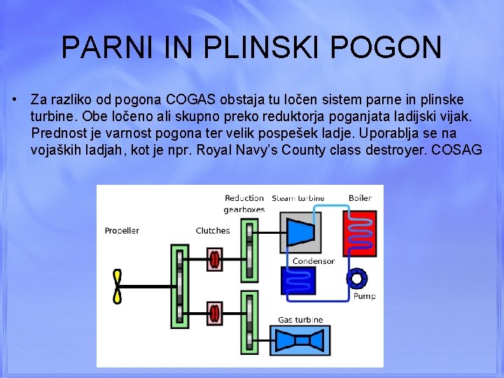 PARNI IN PLINSKI POGON • Za razliko od pogona COGAS obstaja tu ločen sistem