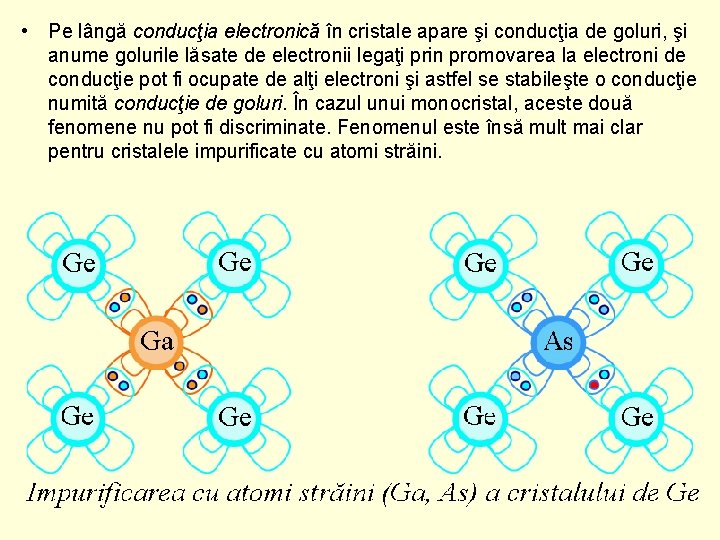  • Pe lângă conducţia electronică în cristale apare şi conducţia de goluri, şi