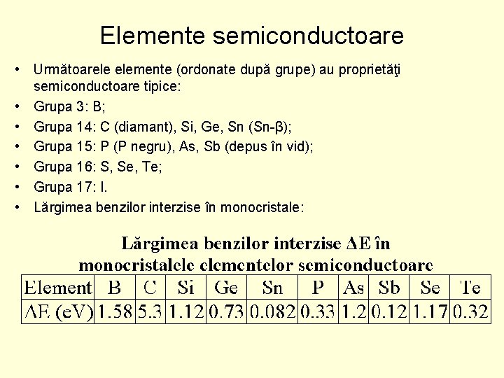 Elemente semiconductoare • Următoarele elemente (ordonate după grupe) au proprietăţi semiconductoare tipice: • Grupa