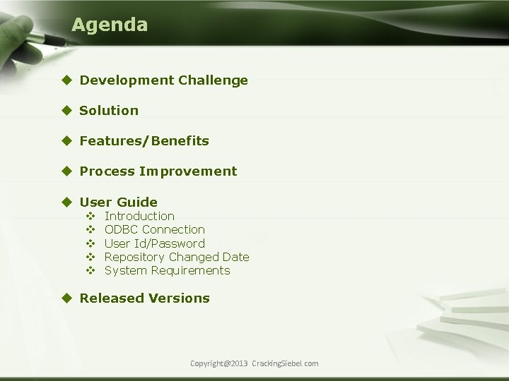 Agenda u Development Challenge u Solution u Features/Benefits u Process Improvement u User Guide