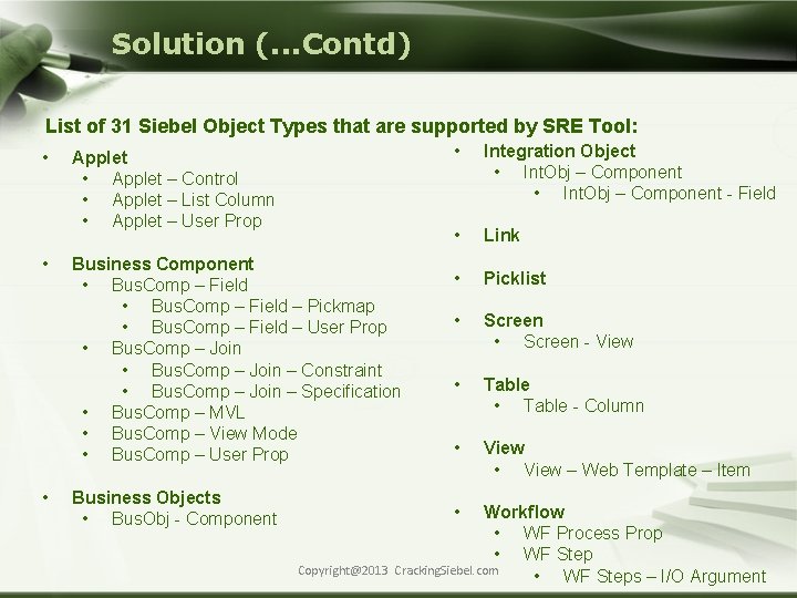 Solution (. . . Contd) List of 31 Siebel Object Types that are supported