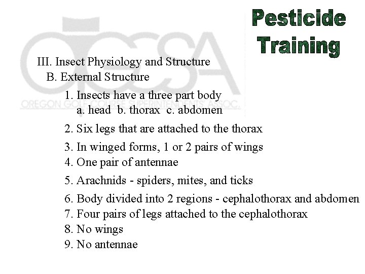 III. Insect Physiology and Structure B. External Structure 1. Insects have a three part