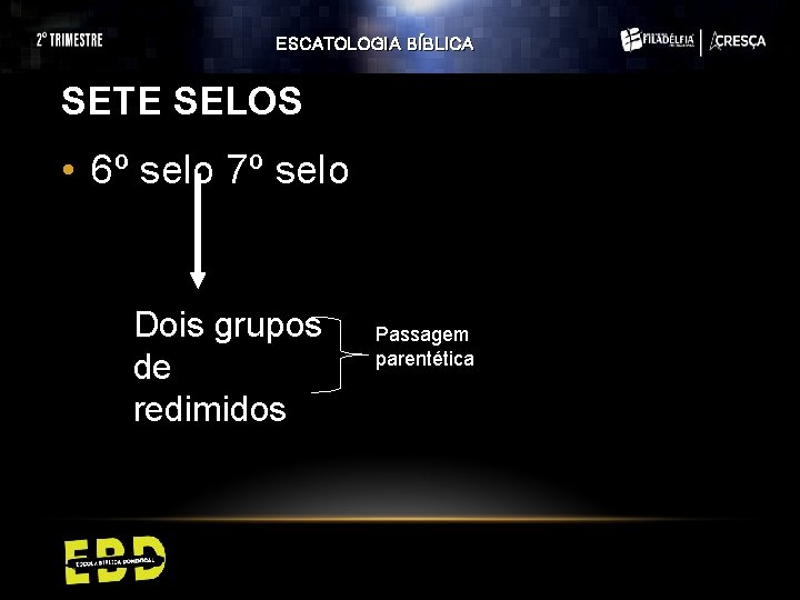 ESCATOLOGIA BÍBLICA SETE SELOS • 6º selo 7º selo Dois grupos de redimidos Passagem ESCATOLOGIA BÍBLICA SETE SELOS • 6º selo 7º selo Dois grupos de redimidos Passagem