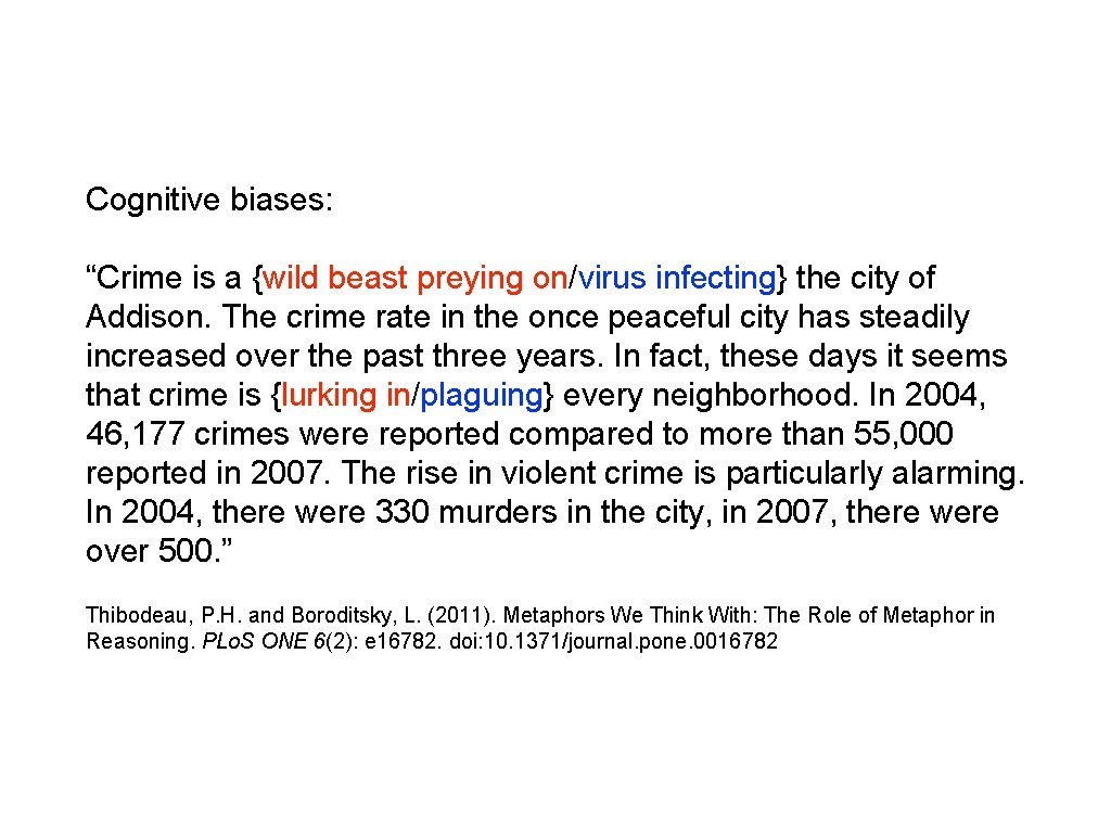 Cognitive biases: “Crime is a {wild beast preying on/virus infecting} the city of Addison.