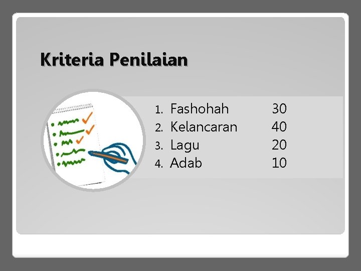 Kriteria Penilaian Fashohah 2. Kelancaran 3. Lagu 4. Adab 1. 30 40 20 10