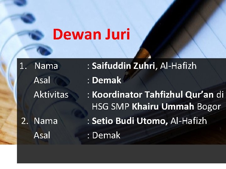 Dewan Juri 1. Nama Asal Aktivitas 2. Nama Asal : Saifuddin Zuhri, Al-Hafizh :