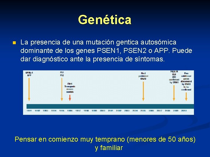 Genética n La presencia de una mutación gentica autosómica dominante de los genes PSEN Genética n La presencia de una mutación gentica autosómica dominante de los genes PSEN