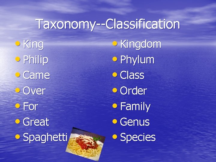 Taxonomy--Classification • Kingdom • Philip • Phylum • Came • Class • Over •