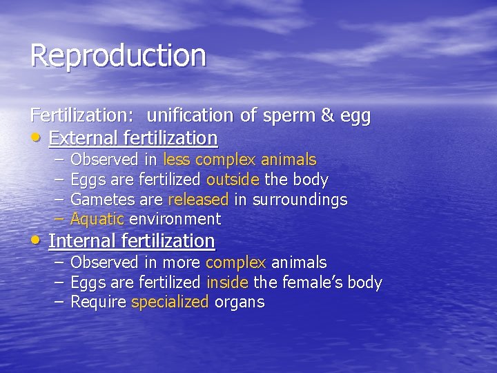Reproduction Fertilization: unification of sperm & egg • External fertilization – – Observed in