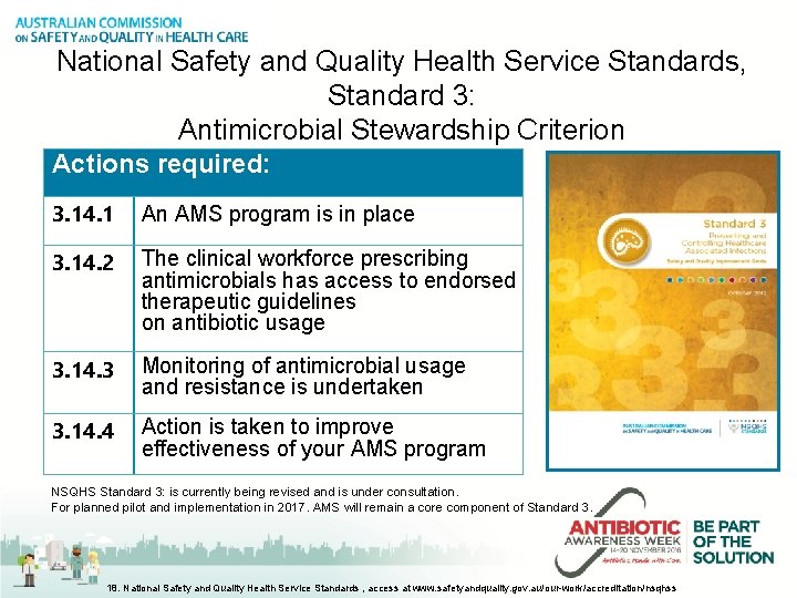 National Safety and Quality Health Service Standards, Standard 3: Antimicrobial Stewardship Criterion Actions required: