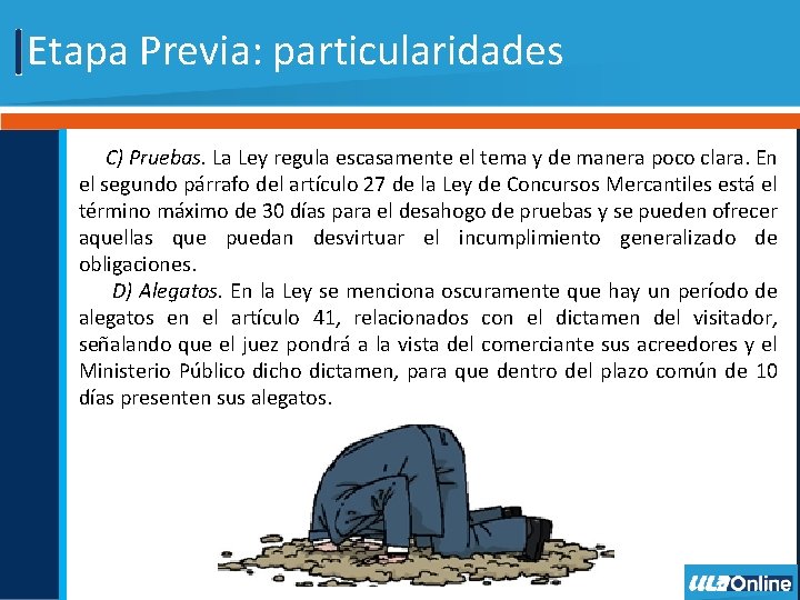 Etapa Previa: particularidades C) Pruebas. La Ley regula escasamente el tema y de manera