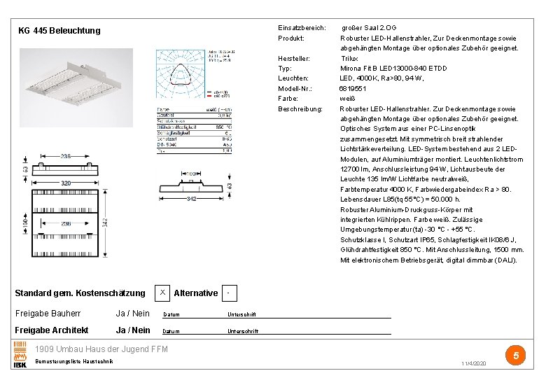 Einsatzbereich: großer Saal 2. OG Produkt: Robuster LED-Hallenstrahler, Zur Deckenmontage sowie abgehängten Montage über