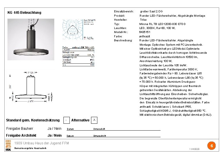 KG 445 Beleuchtung Standard gem. Kostenschätzung - Alternative X Freigabe Bauherr Ja / Nein