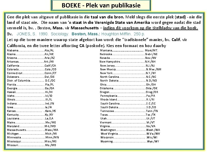 BOEKE - Plek van publikasie Gee die plek van uitgawe of publikasie in die