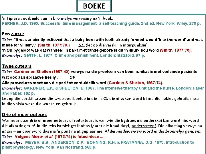 BOEKE ’n Tipiese voorbeeld van ‘n bronnelys verwysing na ‘n boek: FERNER, J. D.