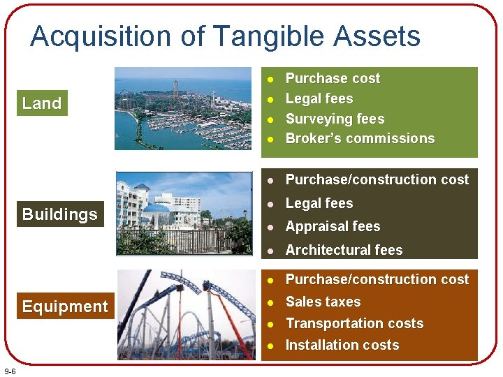 Acquisition of Tangible Assets l Purchase cost Legal fees Surveying fees Broker’s commissions l