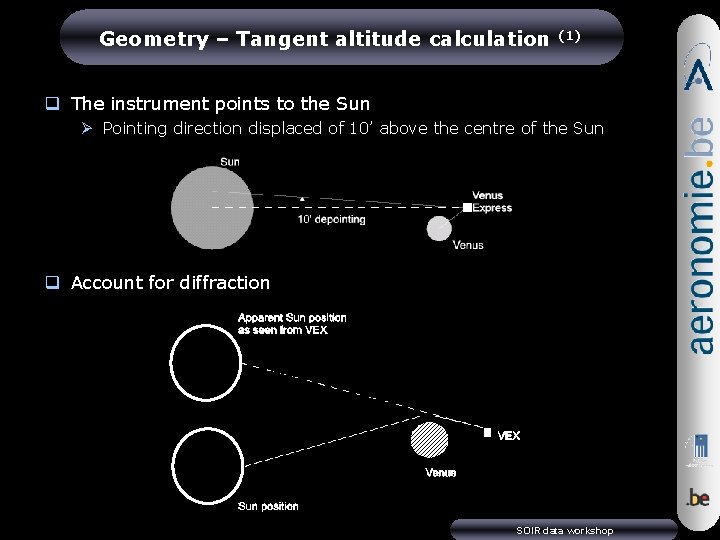 Geometry – Tangent altitude calculation (1) q The instrument points to the Sun Ø