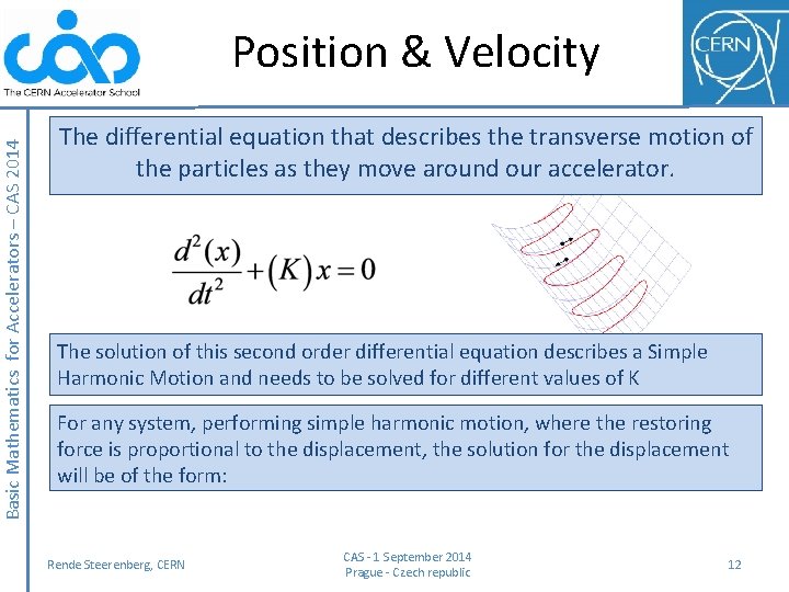 Basic Mathematics for Accelerators – CAS 2014 Position & Velocity The differential equation that