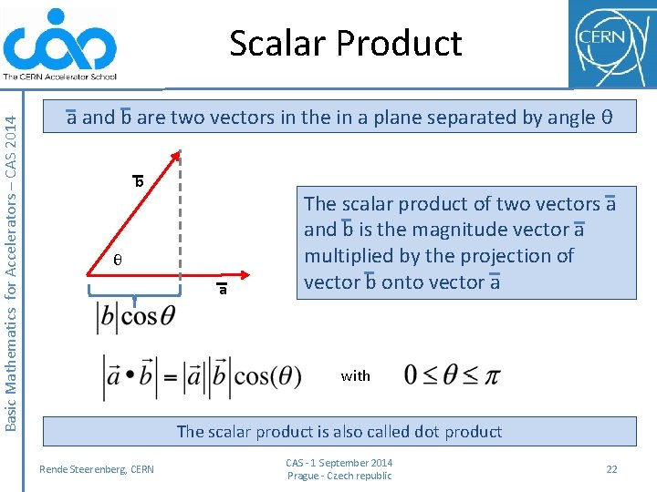 Basic Mathematics for Accelerators – CAS 2014 Scalar Product a and b are two