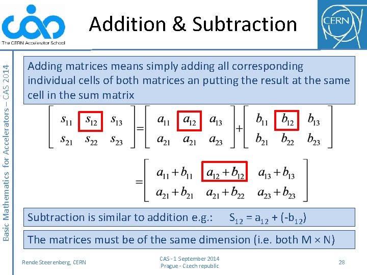 Basic Mathematics for Accelerators – CAS 2014 Addition & Subtraction Adding matrices means simply