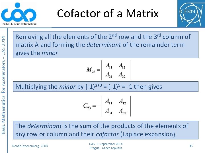 Basic Mathematics for Accelerators – CAS 2014 Cofactor of a Matrix Removing all the