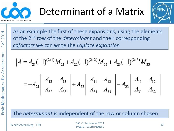 Basic Mathematics for Accelerators – CAS 2014 Determinant of a Matrix As an example