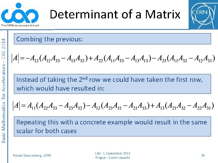 Basic Mathematics for Accelerators – CAS 2014 Determinant of a Matrix Combing the previous: