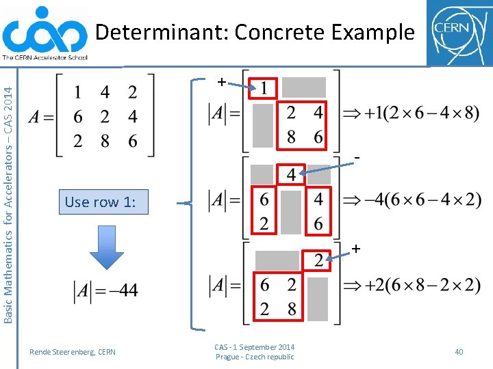 Basic Mathematics for Accelerators – CAS 2014 Determinant: Concrete Example + Use row 1: