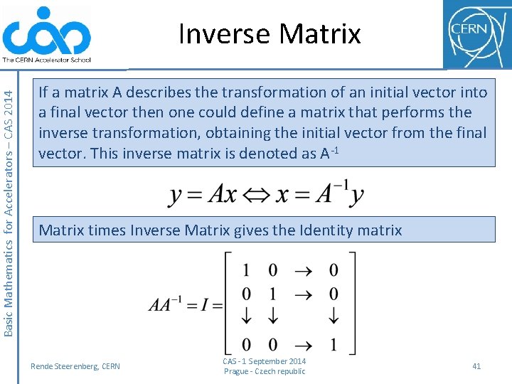 Basic Mathematics for Accelerators – CAS 2014 Inverse Matrix If a matrix A describes