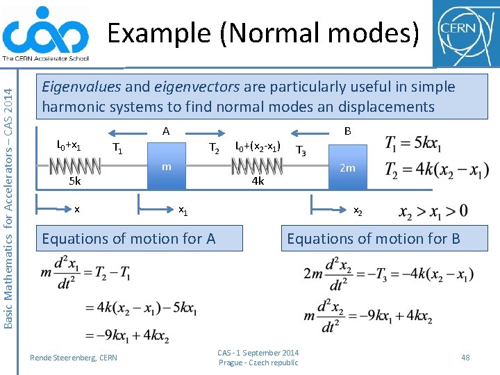 Basic Mathematics for Accelerators – CAS 2014 Example (Normal modes) Eigenvalues and eigenvectors are