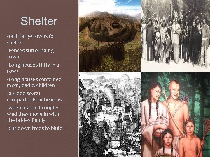 Shelter -Built large towns for shelter -Fences surrounding town -Long houses (fifty in a