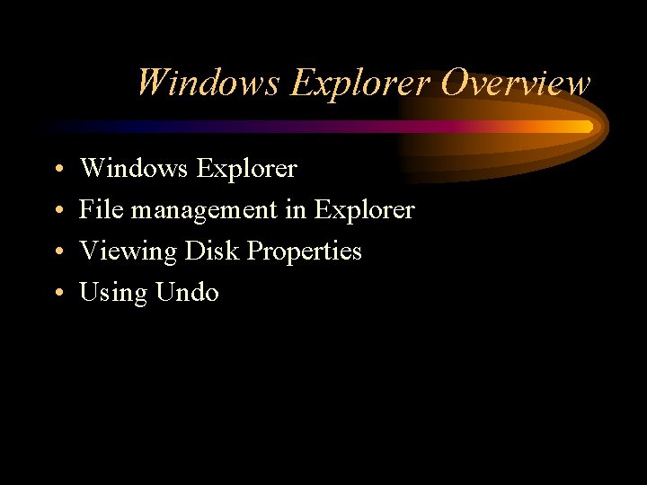 Windows Explorer Overview • • Windows Explorer File management in Explorer Viewing Disk Properties