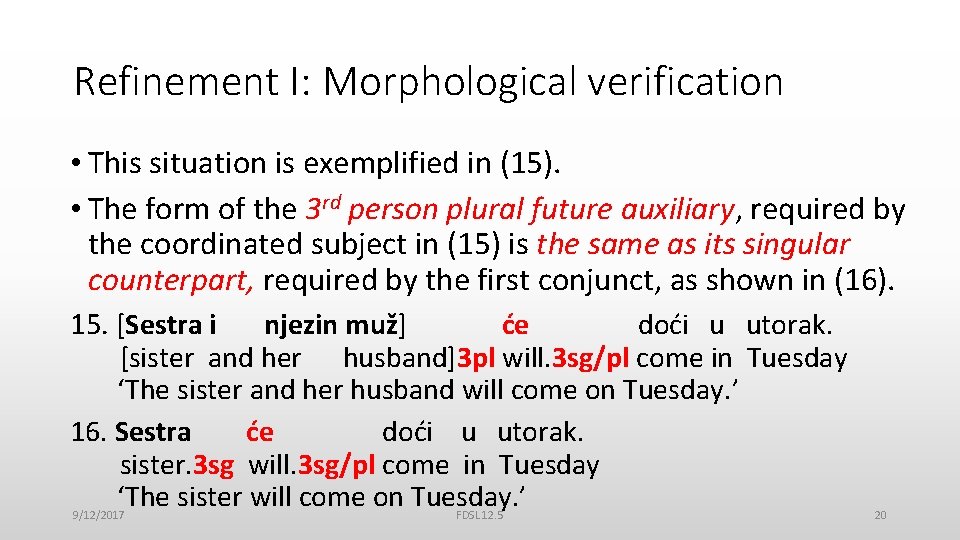 Refinement I: Morphological verification • This situation is exemplified in (15). • The form