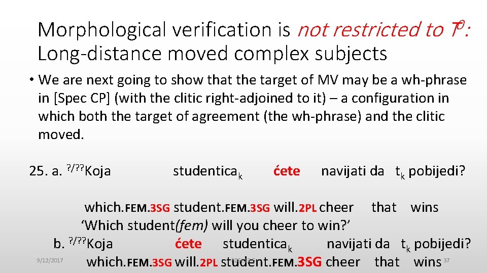 Morphological verification is not restricted to T 0: Long-distance moved complex subjects • We