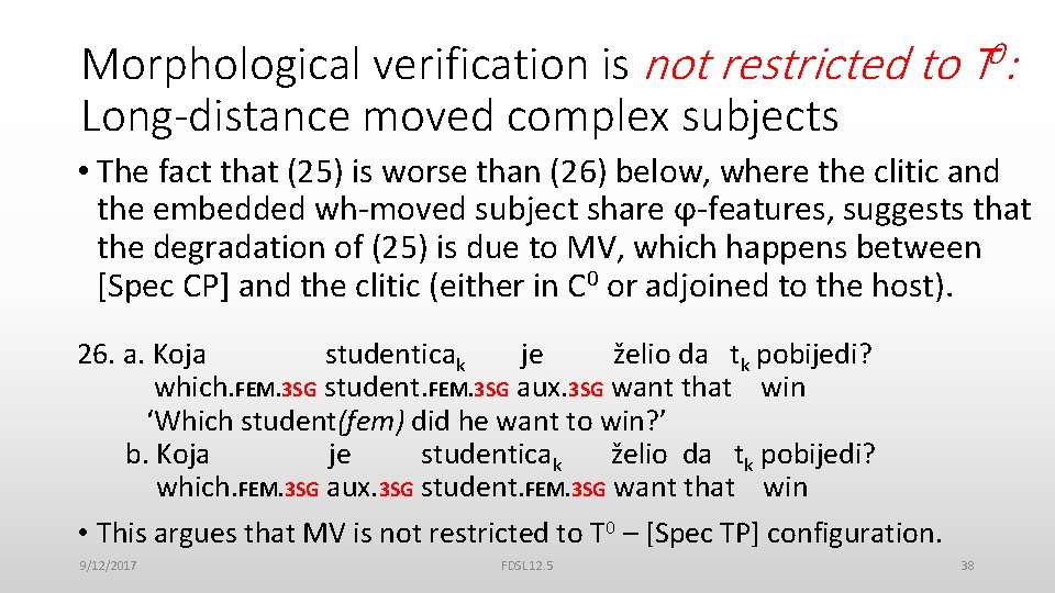 Morphological verification is not restricted to T 0: Long-distance moved complex subjects • The