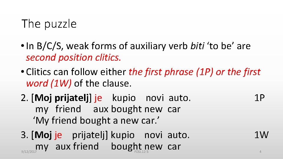 The puzzle • In B/C/S, weak forms of auxiliary verb biti ‘to be’ are