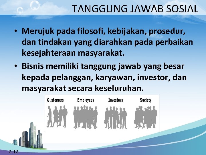 TANGGUNG JAWAB SOSIAL • Merujuk pada filosofi, kebijakan, prosedur, dan tindakan yang diarahkan pada