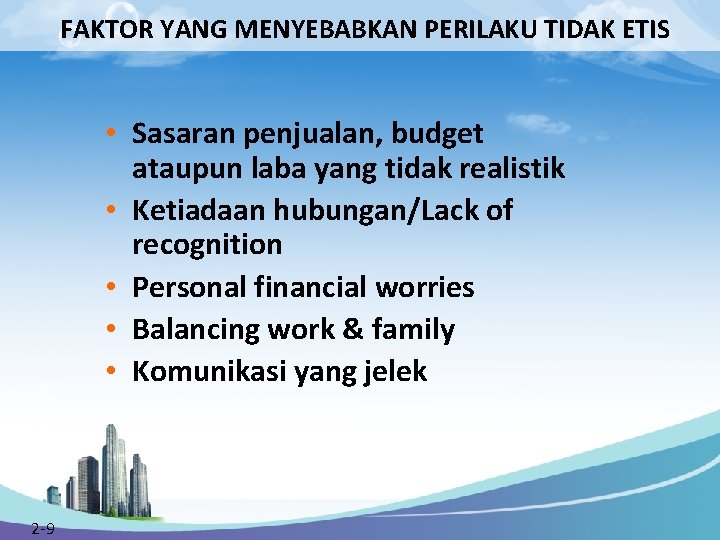 FAKTOR YANG MENYEBABKAN PERILAKU TIDAK ETIS • Sasaran penjualan, budget ataupun laba yang tidak