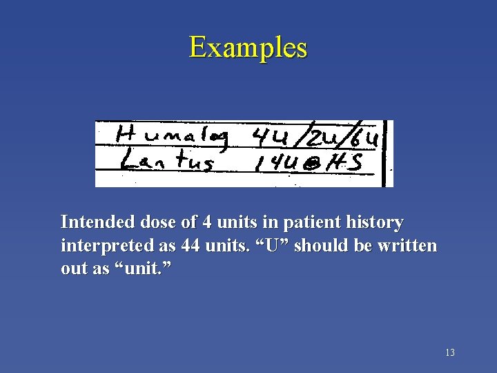 Examples Intended dose of 4 units in patient history interpreted as 44 units. “U”