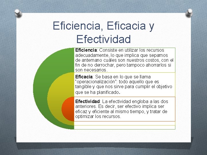 Eficiencia, Eficacia y Efectividad Eficiencia: Consiste en utilizar los recursos adecuadamente, lo que implica