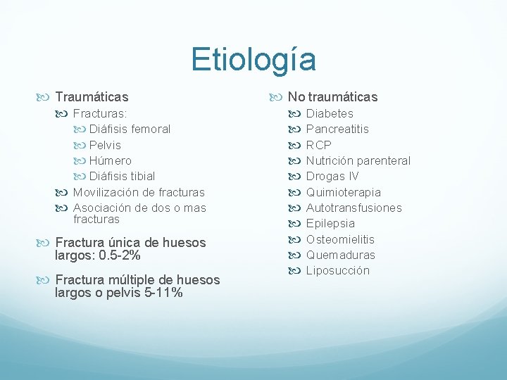 Etiología Traumáticas Fracturas: Diáfisis femoral Pelvis Húmero Diáfisis tibial Movilización de fracturas Asociación de