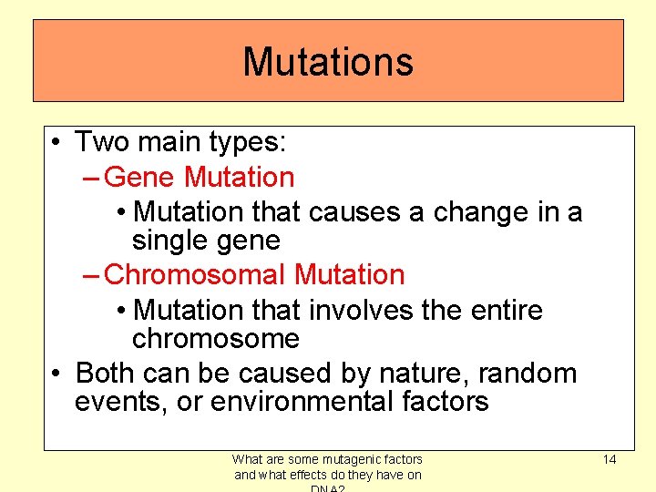 Mutations • Two main types: – Gene Mutation • Mutation that causes a change