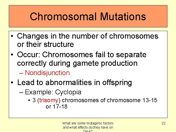 Chromosomal Mutations • Changes in the number of chromosomes or their structure • Occur: