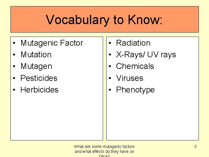 Vocabulary to Know: • • • Mutagenic Factor Mutation Mutagen Pesticides Herbicides • •