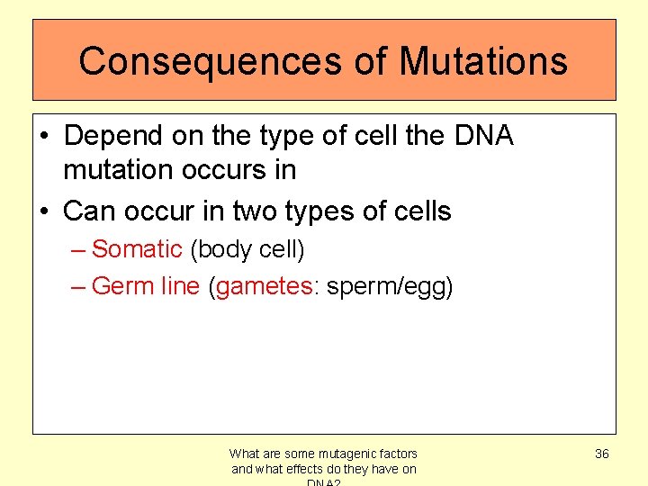 Consequences of Mutations • Depend on the type of cell the DNA mutation occurs
