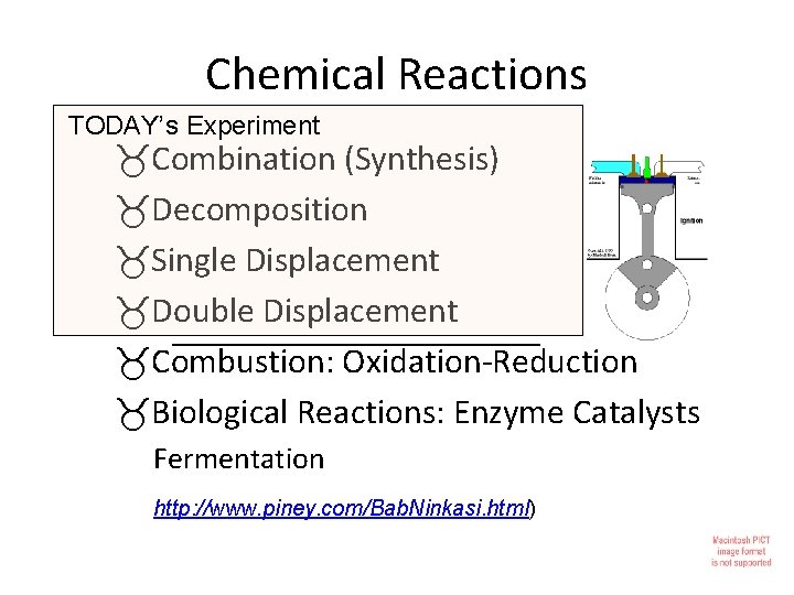 Chemical Reactions TODAY’s Experiment Combination (Synthesis) Decomposition Single Displacement Double Displacement _____________ Combustion: Oxidation-Reduction