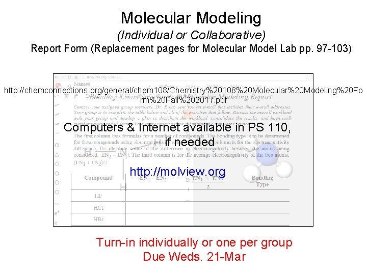 Molecular Modeling (Individual or Collaborative) Report Form (Replacement pages for Molecular Model Lab pp.