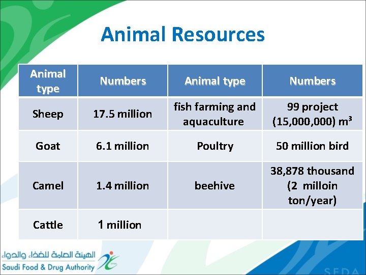 Animal Resources Animal type Numbers Sheep 17. 5 million fish farming and aquaculture 99