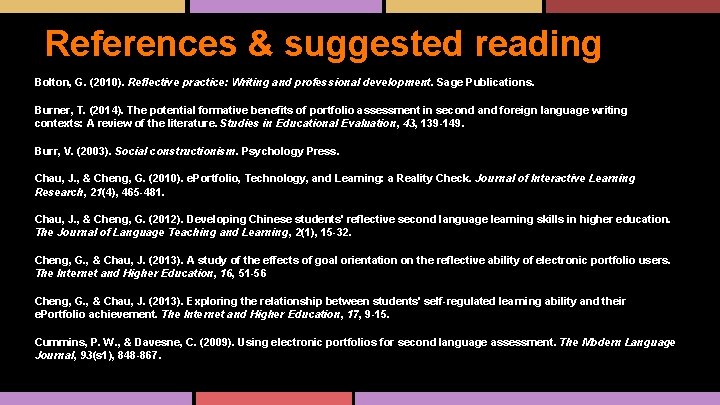 References & suggested reading tom. muir@hioa. no Bolton, G. (2010). Reflective practice: Writing and